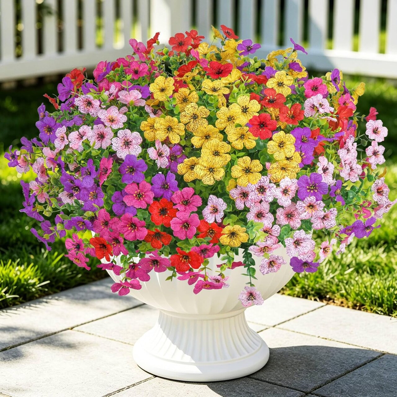 20 Bundles UV Resistant Artificial Flowers for Outdoors, Fake Silk Daisy and Eucalyptus Plants, Mixed Color Faux Floral Arrangements for Garden, Porch, Window Box and Home Decor